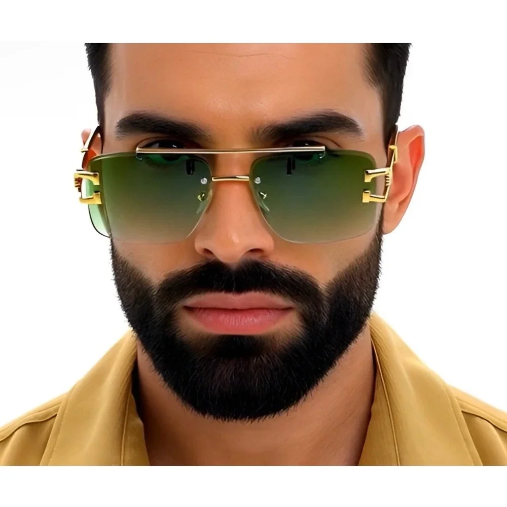 Mens Rimless‎ Square Green Gradient Sunglasses Hip Hop Cholo Shades UV400 Modern